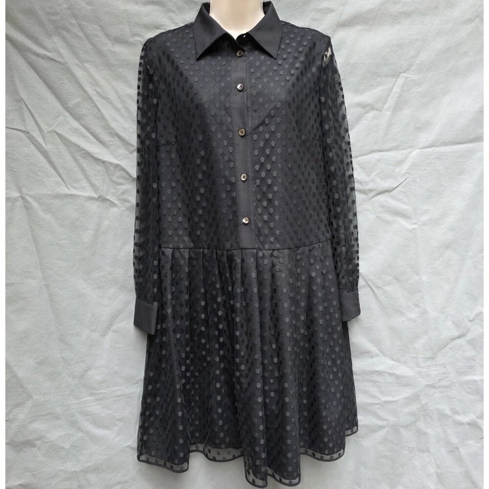 MANTU Made In Italy Black Dress Lace Dot Overlay Pleated Skirt Collared Designer